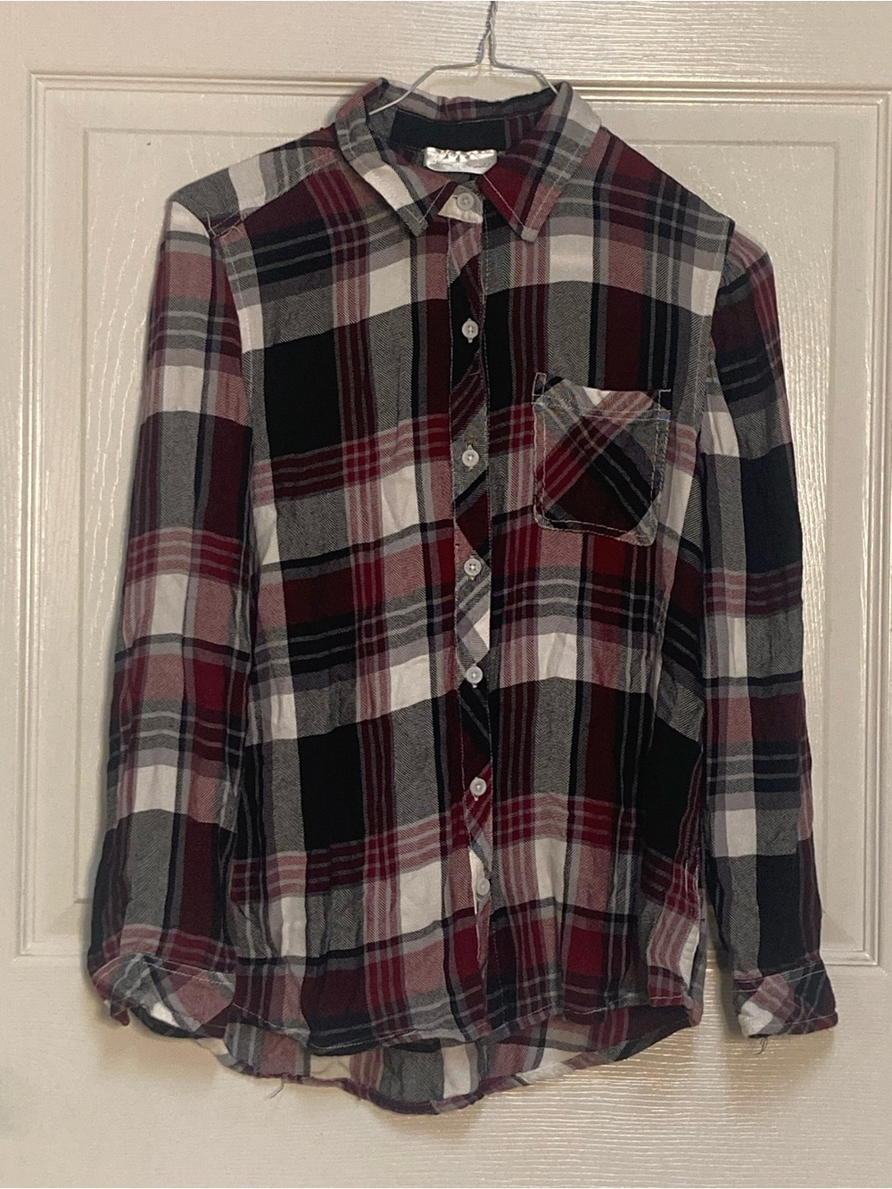 Button-Front Plaid Blouse in Burgundy, Black & White